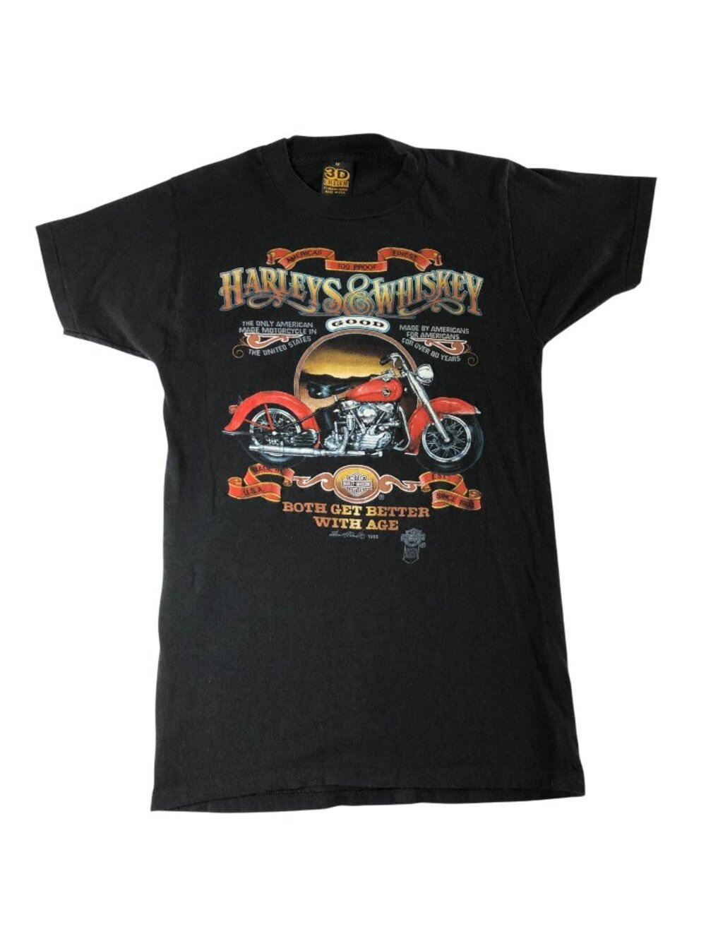 3D Emblem Men’s Vintage Harleys & Whiskey Graphic T-Shirt Medium Made USA Black